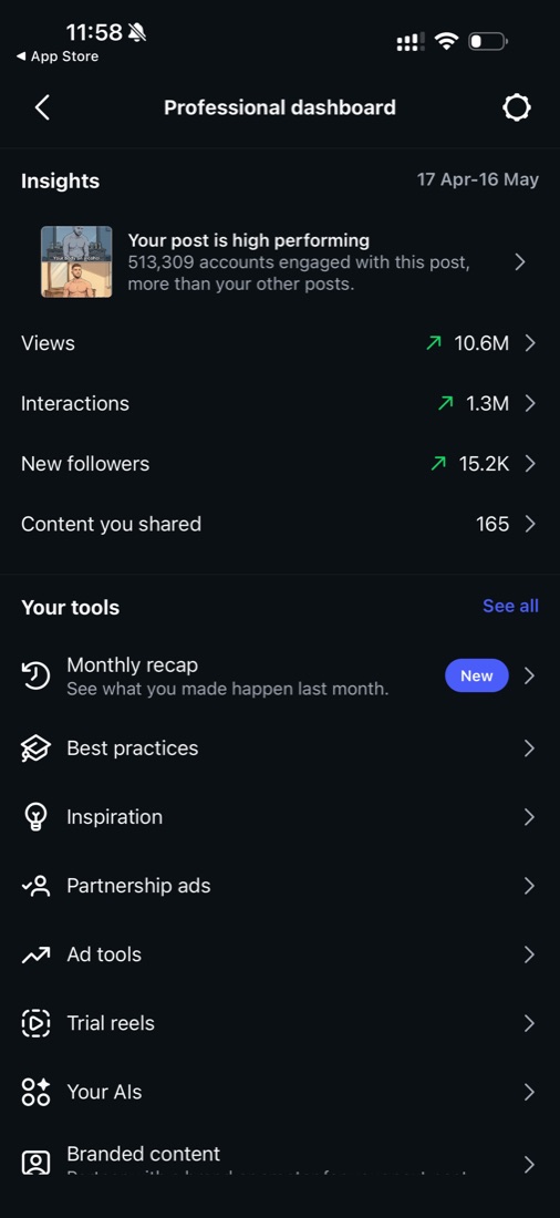 Instagram insights, 10.6M views in 30 days