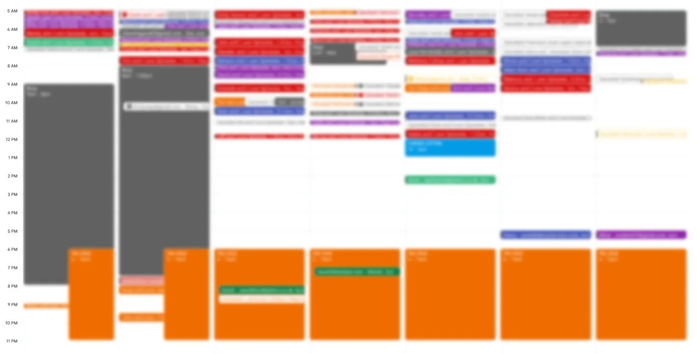 A week of my calendar packed with booked sales calls, names blurred