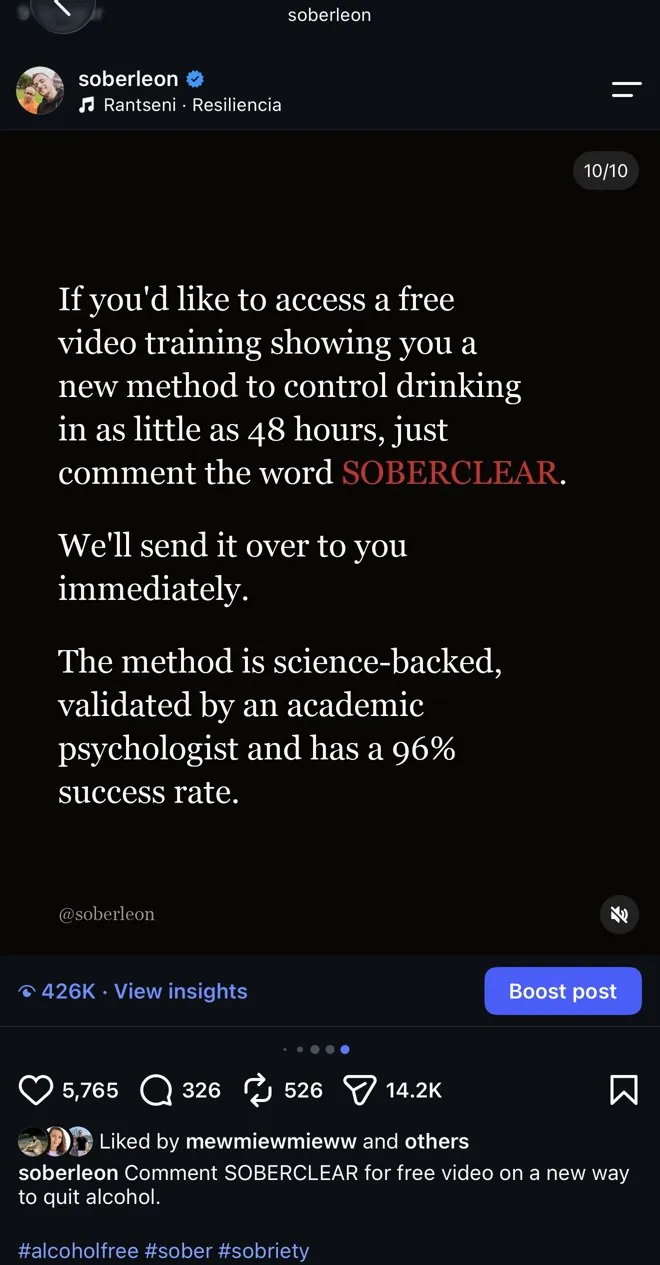 Last carousel slide: comment the word SOBERCLEAR for a free video training