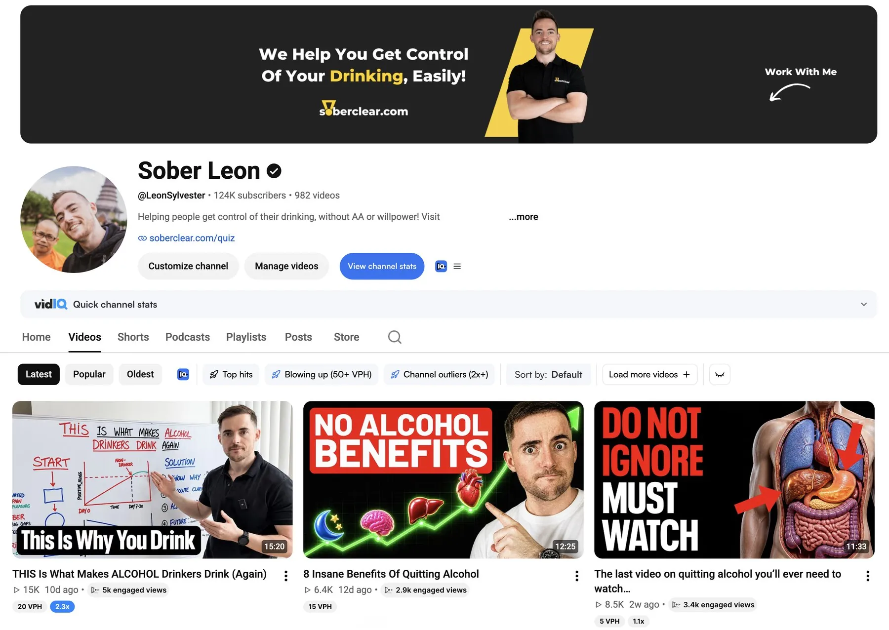 Sober Leon YouTube channel: 124K subscribers, 982 videos